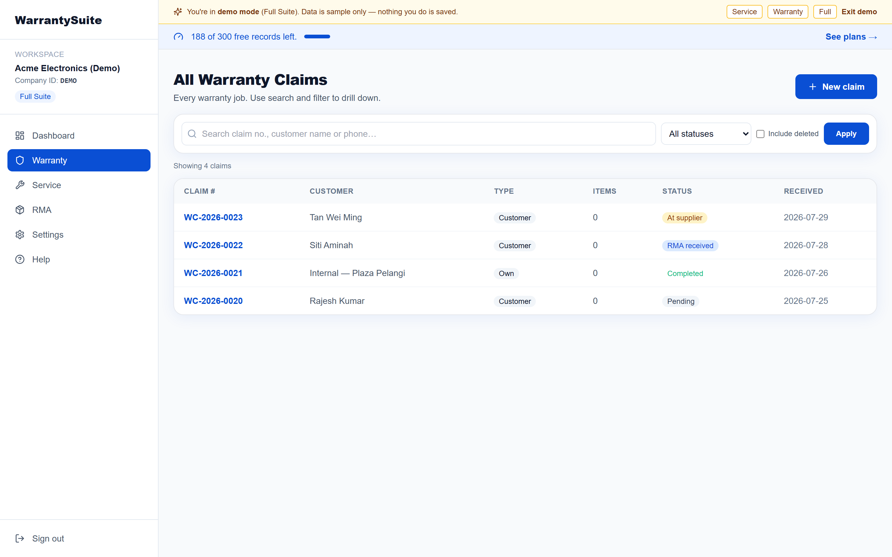 WarrantySuite warranty claims screen